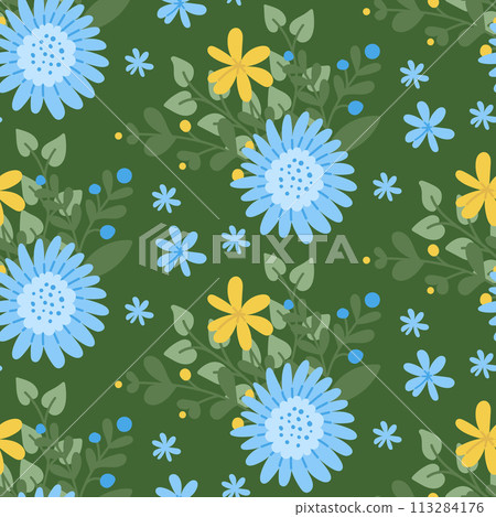 Bold seamless pattern with flat stylized flowers. Springtime or summer concept on dark background. Flat hand drawn colored elements. Trendy print design for textile, wallpaper, interior, wrapping 113284176