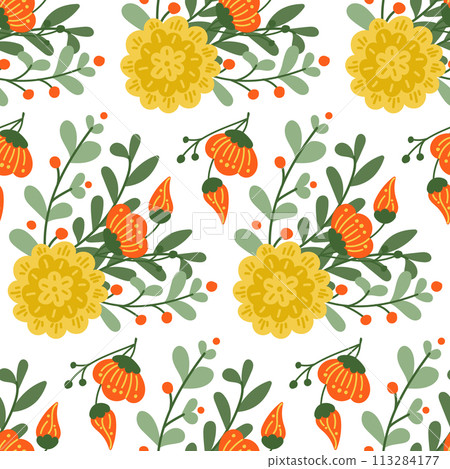 Bright stylized bunch of abstract flowers pattern. Springtime or summer concept. Flat hand drawn colored elements on white background. Trendy print design for textile, wallpaper, interior, wrapping 113284177