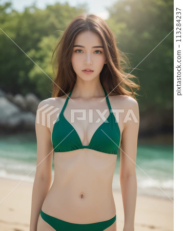 A woman with long hair wearing a swimsuit at the sea and making a cute face 113284237