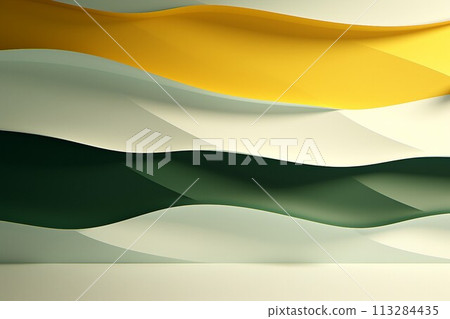 Abstract background template. Space with yellow, dark green and white curved walls and a flat floor. AI generated image 113284435