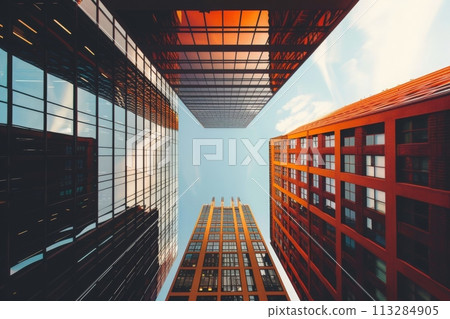 Observing the towering structures of a bustling city from a low vantage point, capturing the grandeur and magnificence of urban architecture. 113284905