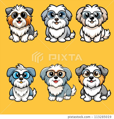 Cute funny dog with glasses, vector set. Cute funny dog with glasses, vector set. 113285019