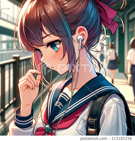 女學生上學時戴著耳機聽音樂 3 [AI 生成圖像] 113285256