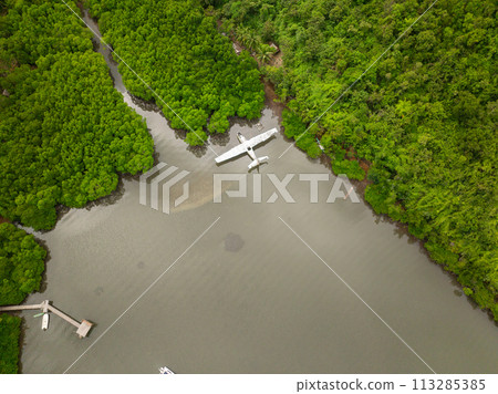 Aerial view of mangroves and abandoned plane wreck in Concepcion, Busuanga. Palawan. Philippines. Aerial view of mangroves and abandoned plane wreck in Concepcion, Busuanga. Palawan. Philippines. 113285385