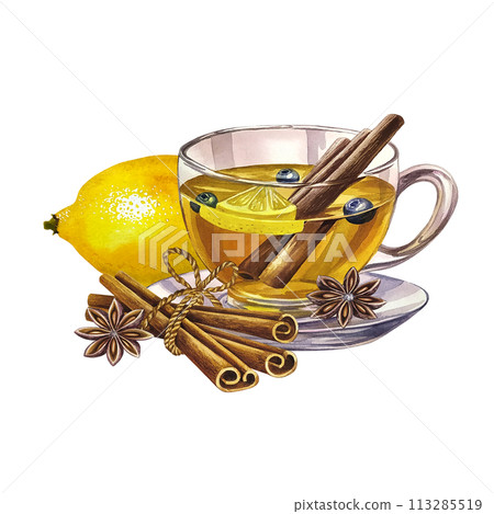 A cup of tea with lemon, cinnamon and star anise. A glass transparent cup filled with tea. a hand-drawn watercolor illustration. For design solutions of invitations, banners, packaging and menus. 113285519