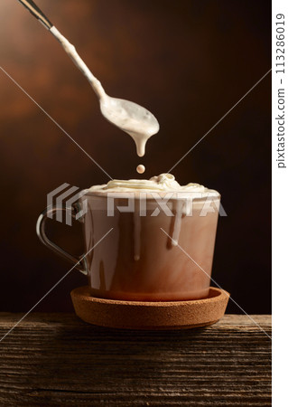 Hot chocolate with whipped cream. 113286019