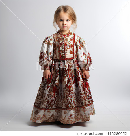 Little blonde girl in vintage retro Russian national clothes, portrait, close-up on white Little blonde girl in vintage retro Russian national clothes, portrait, close-up on white 113286052