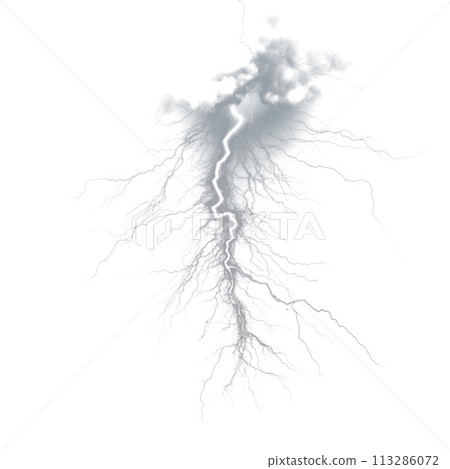Lightning isolated on a white or transparent background. Close-up of strong and dangerous lightning from the sky, front view. Graphic design element. Lightning isolated on a white or transparent background. Close-up of strong and dangerous lightning from the sky, front view. Graphic design element. 113286072