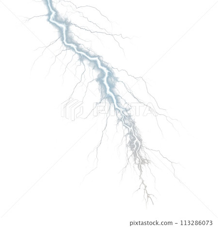 Close-up of powerful and dangerous lightning against a white or transparent background. Close-up of the lightning bolt. Front view. Graphic design element. Close-up of powerful and dangerous lightning against a white or transparent background. Close-up of the lightning bolt. Front view. Graphic design element. 113286073