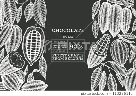 Cocoa Chalk Board Vector Banner Template. Chocolate Retro Cocoa Beans Background. Vintage Style Hand Drawn Illustration. 113286113