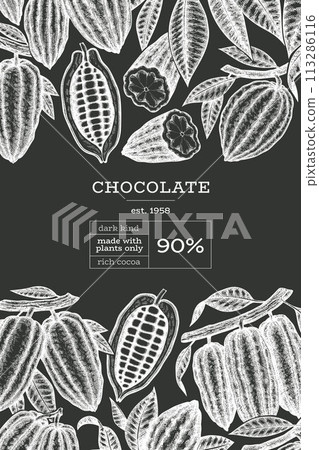 Cocoa Chalk Board Vector Banner Template. Chocolate Retro Cocoa Beans Background. Vintage Style Hand Drawn Illustration. 113286116