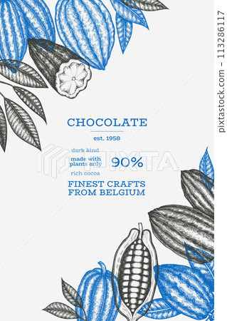 Cocoa Banner Template. Chocolate Retro Cocoa Beans Background. Vector Vintage Style Hand Drawn Illustration. Cocoa Banner Template. Chocolate Retro Cocoa Beans Background. Vector Vintage Style Hand Drawn Illustration. 113286117