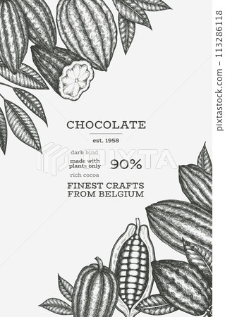 Cocoa Banner Template. Chocolate Retro Cocoa Beans Background. Vector Vintage Style Hand Drawn Illustration. 113286118