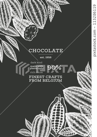 Cocoa Chalk Board Vector Banner Template. Chocolate Retro Cocoa Beans Background. Vintage Style Hand Drawn Illustration. Cocoa Chalk Board Vector Banner Template. Chocolate Retro Cocoa Beans Background. Vintage Style Hand Drawn Illustration. 113286119