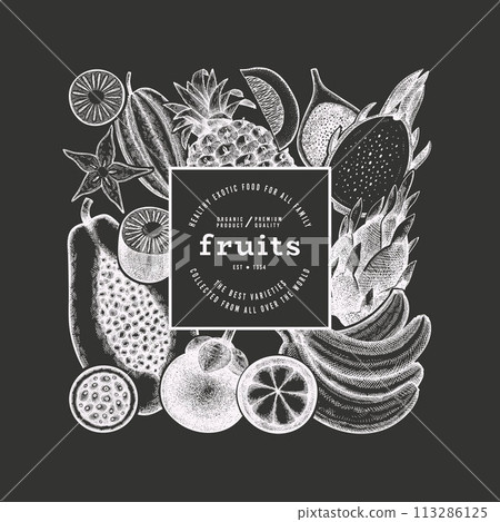 Tropical Fruit Design Template. Vector Hand Drawn Exotic Fruit Chalk Board llustration. Vintage Style Menu Illustration. 113286125