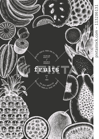 Tropical Fruit Design Template. Vector Hand Drawn Exotic Fruit Chalk Board llustration. Vintage Style Menu Illustration. Tropical Fruit Design Template. Vector Hand Drawn Exotic Fruit Chalk Board llustration. Vintage Style Menu Illustration. 113286131