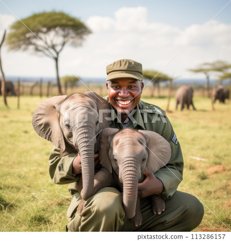 A man is holding a baby elephant in his arms 113286157