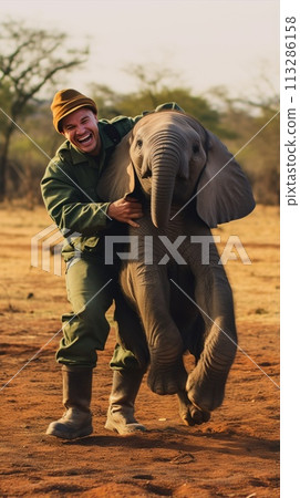 A man is holding a baby elephant in his arms 113286158