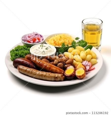 Plate with food isolated on a white background. Eggs bread meat and coffee. Plate with food isolated on a white background. Eggs bread meat and coffee. 113286192