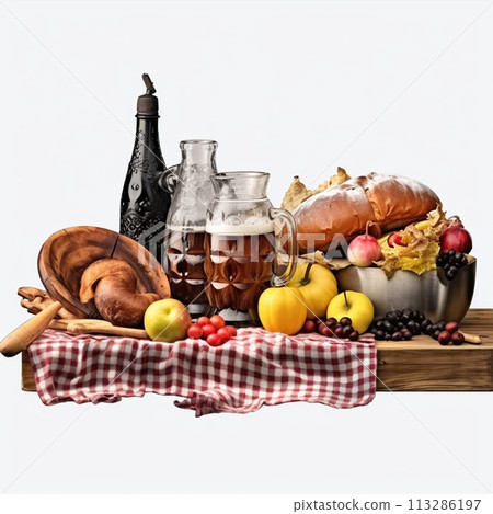 Groceries including vegetables, beer, bakery isolated on white background Groceries including vegetables, beer, bakery isolated on white background 113286197