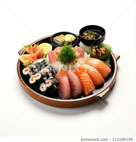 Food Japanese cuisine. Sashimi, sushi and soy sauce 113286198