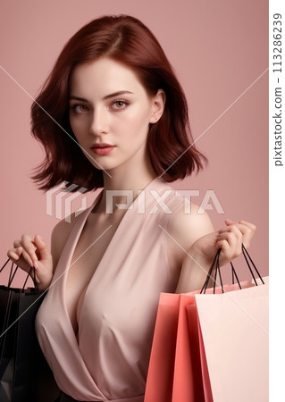 beautiful business girl with shopping bags, isolated on pink background 113286239
