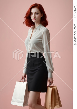 beautiful business girl with shopping bags, isolated on pink background 113286240