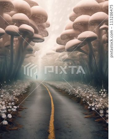 A person is walking down a road in a forest with mushrooms. The mushrooms are large and spread out, creating a surreal and dreamlike atmosphere. A person is walking down a road in a forest with mushrooms. The mushrooms are large and spread out, creating a surreal and dreamlike atmosphere. 113286475