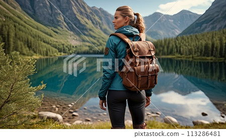 A woman is standing in front of a lake wearing a blue jacket and a brown backpack. Concept of adventure and exploration, as the woman is likely preparing for a hike or a camping trip in the mountains. 113286481