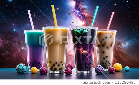 Four different colored drinks with straws in them, with a background of stars and a galaxy. The drinks are in glasses and the background is a space scene. 113286483