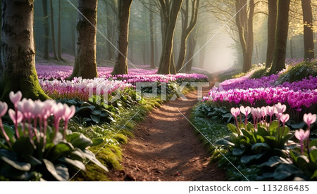 A path through a forest with pink flowers. The flowers are purple and white. A path through a forest with pink flowers. The flowers are purple and white. 113286485