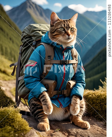 Cat in traveler gear walks mountain trail, carrying backpack. The concept of traveling to the mountains, hiking in different beautiful places. Cat in traveler gear walks mountain trail, carrying backpack. The concept of traveling to the mountains, hiking in different beautiful places. 113286498
