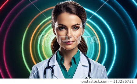 Portrait woman healthcare professional indoors on a colored background, concept healthcare, cosmetology, for advertising clinics 113286731