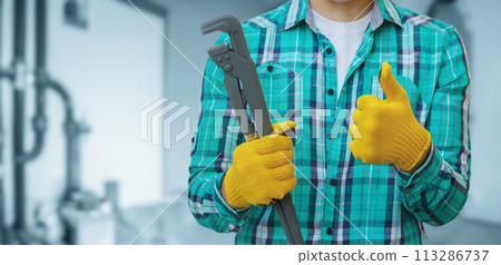 Plumber with a tool on a blurred background of a room. 113286737