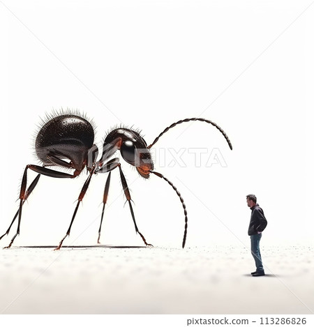 Man stands in a vast, empty expanse, facing colossal ant that looms over him with immense mandibles and long, curved antennae, creating  surreal and daunting encounter. 113286826