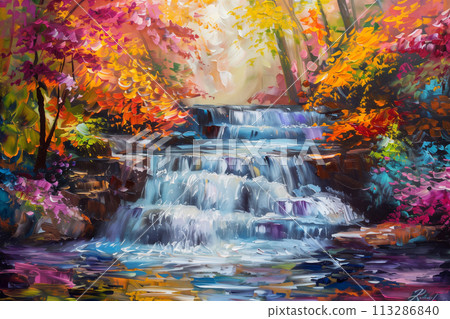 Flowing waterfall and rainbow of colors Flowing waterfall and rainbow of colors 113286840