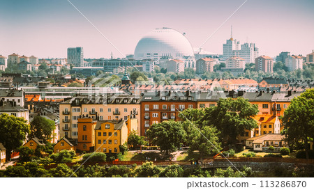 Stockholm, Sweden. Avicii Arena Ericsson Globe In Summer Skyline. It's Currently The Largest Hemispherical Building In The World, Used For Major Concerts, Sport Events 113286870