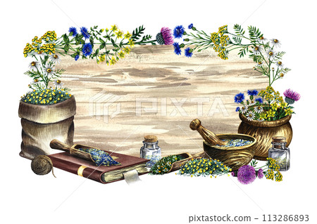A frame with medicinal herbs cornflower, chamomile and tansy. Dried, crushed in a linen bag, in glass bottles and a wooden pot. Mortar and pestle for grinding. A hand-drawn watercolor illustration. 113286893