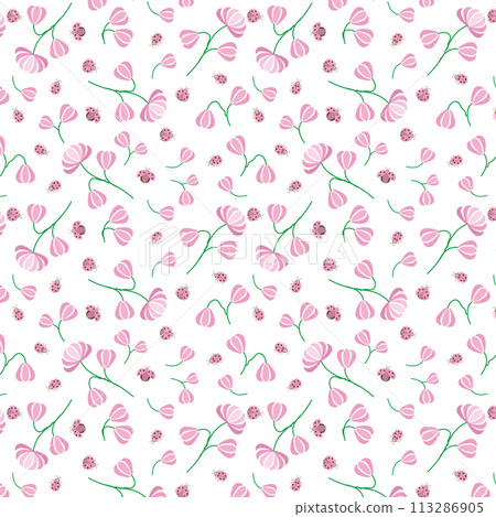 Seamless pattern with pink flowers and ladybugs vector illustration Seamless pattern with pink flowers and ladybugs vector illustration 113286905
