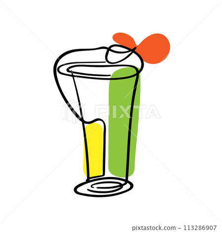 Abstract coctail illustration poster with summer colors. Continuous outline line on colored flat background for social media, postcards, print. 113286907
