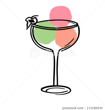 Cocktail glass with ice cream balls in continuous line art drawing style. Black line sketch on white background. Vector illustration Cocktail glass with ice cream balls in continuous line art drawing style. Black line sketch on white background. Vector illustration 113286930