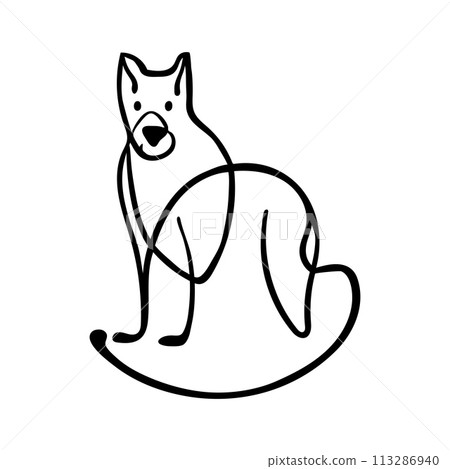 Simple icon highlights dog sitting. Vector isolated one single cute dog sit. funny sitting puppy. black and white contour one line illustration Simple icon highlights dog sitting. Vector isolated one single cute dog sit. funny sitting puppy. black and white contour one line illustration 113286940