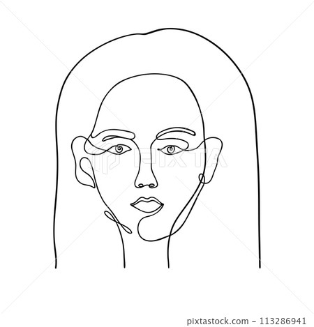 Abstract Woman face one line drawing. Minimalistic abstract female portrait continuous linear simple style Abstract Woman face one line drawing. Minimalistic abstract female portrait continuous linear simple style 113286941