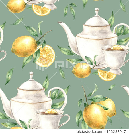 Watercolor tea pattern with ceramic tableware and fresh lime on a green background. Illustration is hand drawn, suitable for menu design, packaging, poster, website, textile, invitation, brochure. Watercolor tea pattern with ceramic tableware and fresh lime on a green background. Illustration is hand drawn, suitable for menu design, packaging, poster, website, textile, invitation, brochure. 113287047