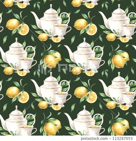 Watercolor tea pattern with ceramic tableware and fresh lime on a green background. Illustration is hand drawn, suitable for menu design, packaging, poster, website, textile, invitation, brochure. 113287053