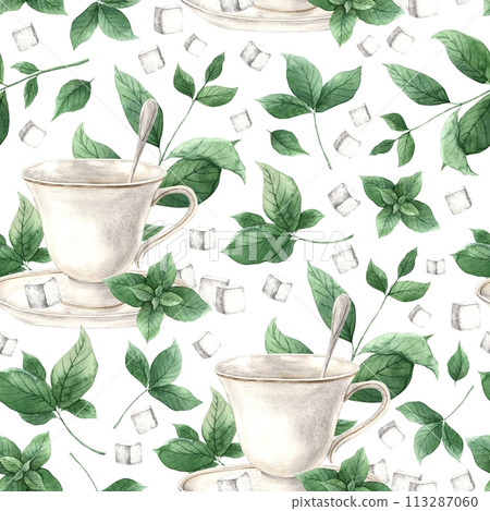 Watercolor pattern with mug, saucer, spoon, sugar and mint on a white background. Illustration is hand drawn, suitable for menu design, packaging, poster, website, textile, invitation, brochure. 113287060