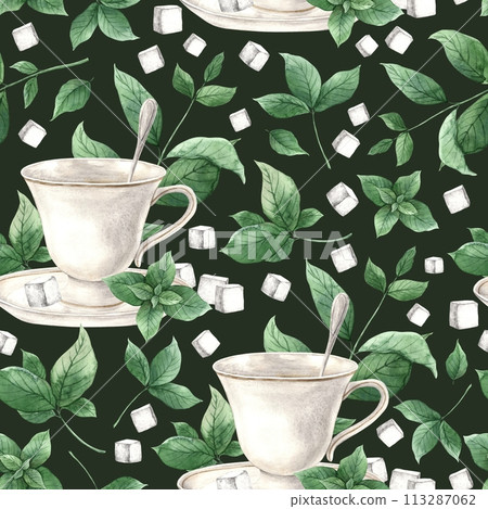 Watercolor pattern with mug, saucer, spoon, sugar and mint on a green background. Illustration is hand drawn, suitable for menu design, packaging, poster, website, textile, invitation, brochure. 113287062