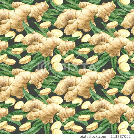 Watercolor seamless pattern with realistic ginger and leaves on a green background. Illustration is hand drawn, suitable for menu design, packaging, poster, website, textile, invitation, brochure. 113287092