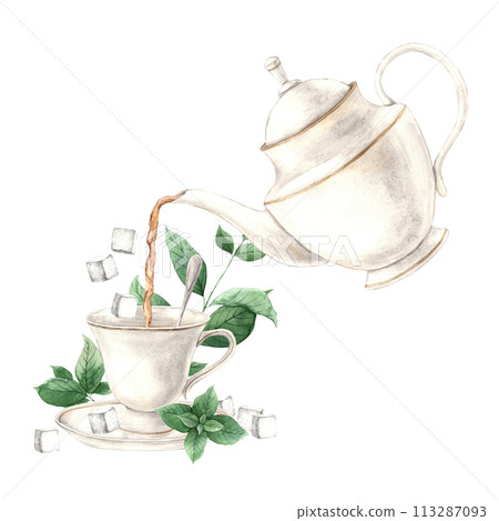 Watercolor composition of a teapot pouring tea into a mug with mint and sugar. The illustration is drawn by hand. Drawing for menu design, packaging, poster, website, textile, invitations, brochure. 113287093