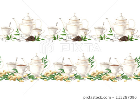 Watercolor seamless tea composition with mugs, teapot, loose tea, ginger. The illustration is hand drawn on an isolated background. Drawing for menu design, packaging, textiles, posters, websites. Watercolor seamless tea composition with mugs, teapot, loose tea, ginger. The illustration is hand drawn on an isolated background. Drawing for menu design, packaging, textiles, posters, websites. 113287096